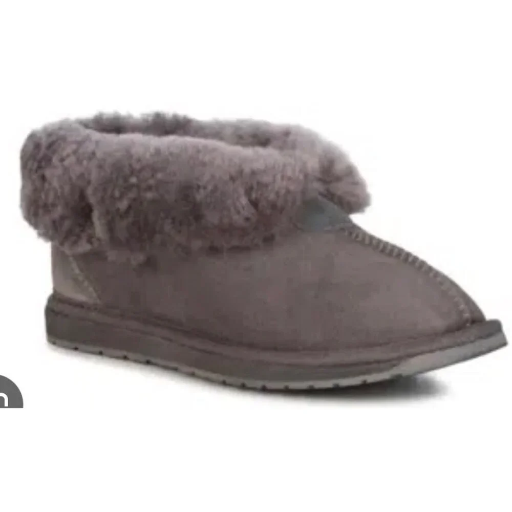 EMU Australia Sheepskin Fold-Cuff Ankle Boot Slippers Grey Suede Shearling 7 New